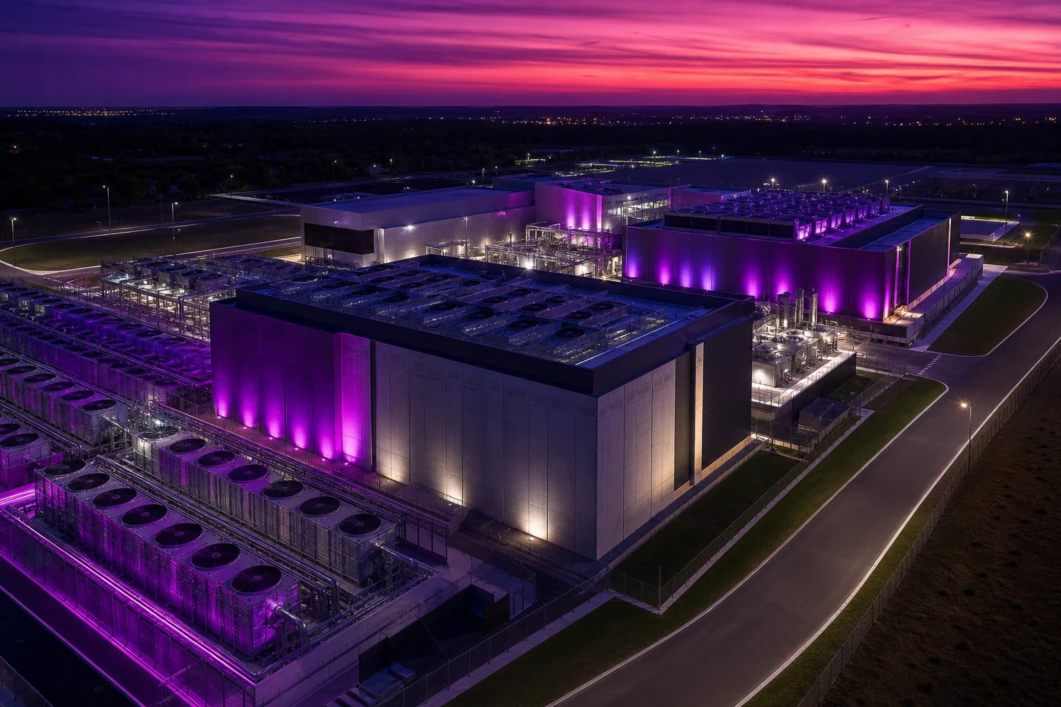 A finished data center campus rendered with architectural precision at dusk