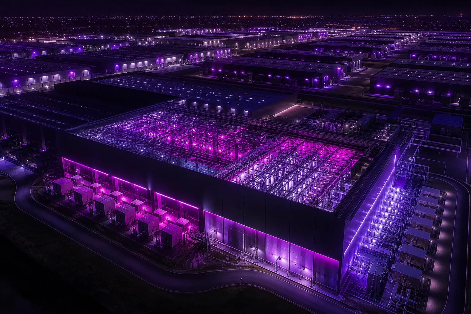 An aerial data center campus of tiled data-hall modules, one shown in sharp structural detail