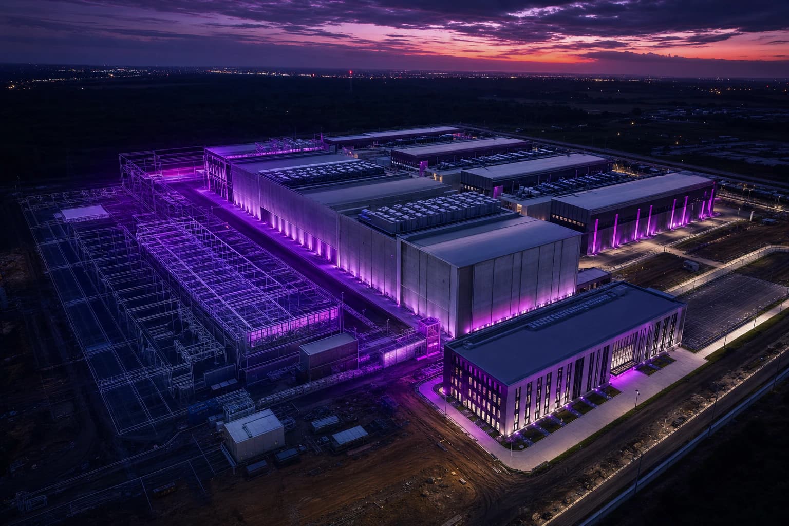 A data center campus resolving from construction linework into finished concrete and steel buildings