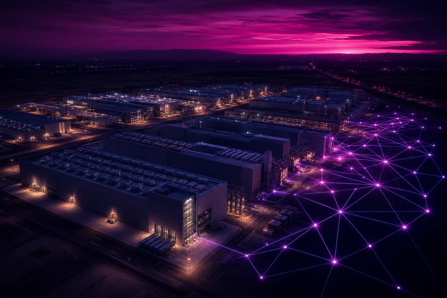 A data center campus of tiled modules dissolving into a glowing project-graph lattice