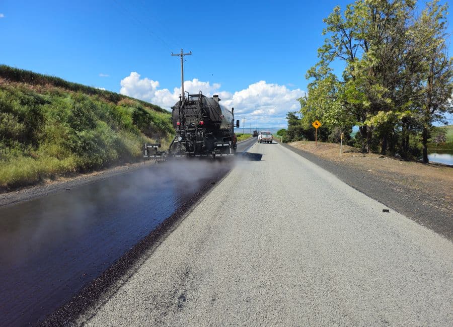 Paving work on an active construction site