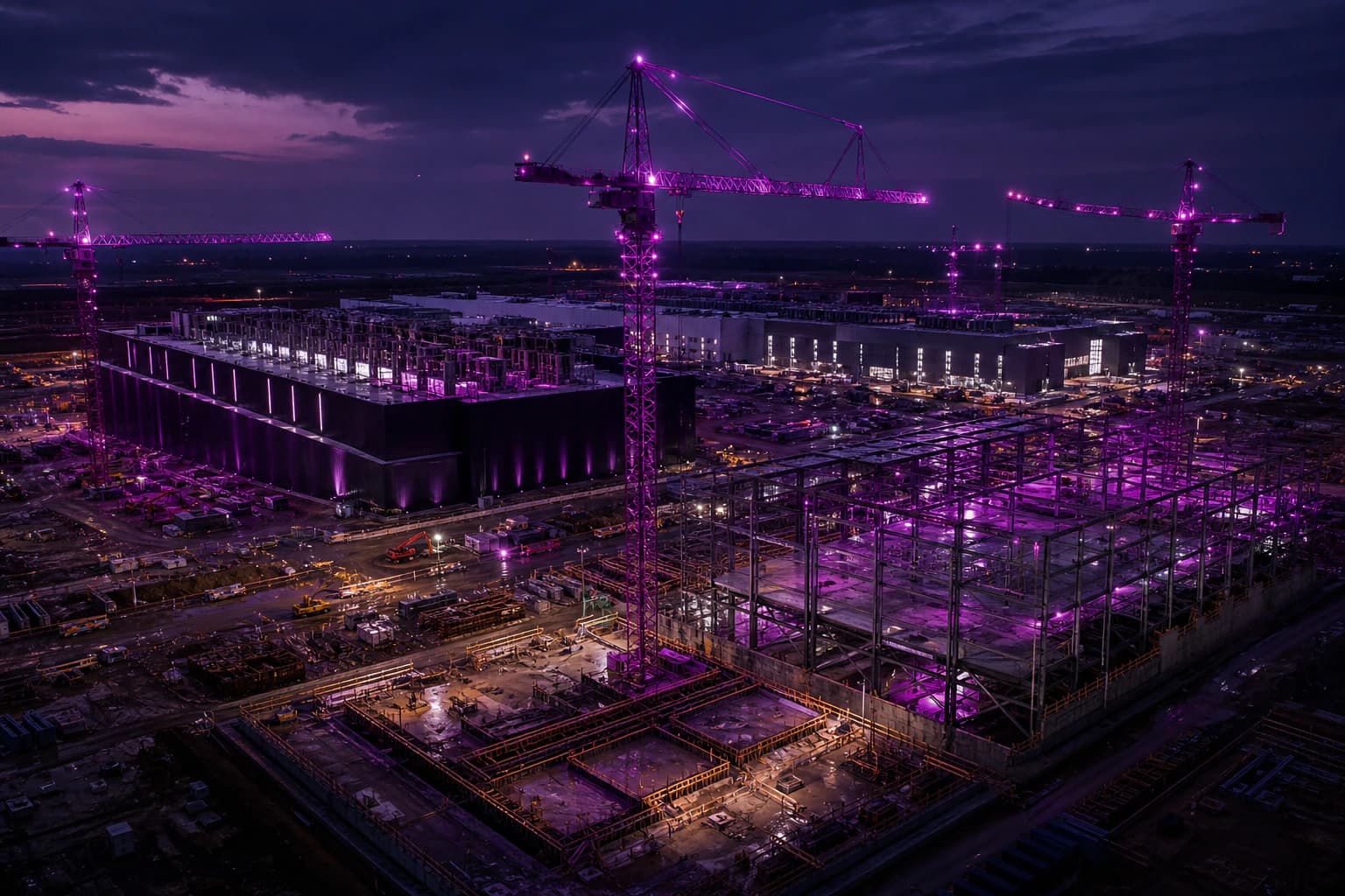 An active data center construction site with tower cranes beside completed data halls