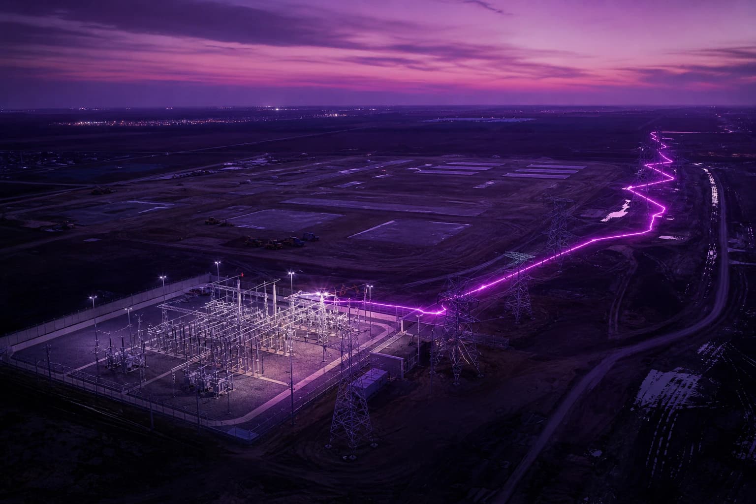 A greenfield data center site at dusk with a substation and a magenta power path traced across the land