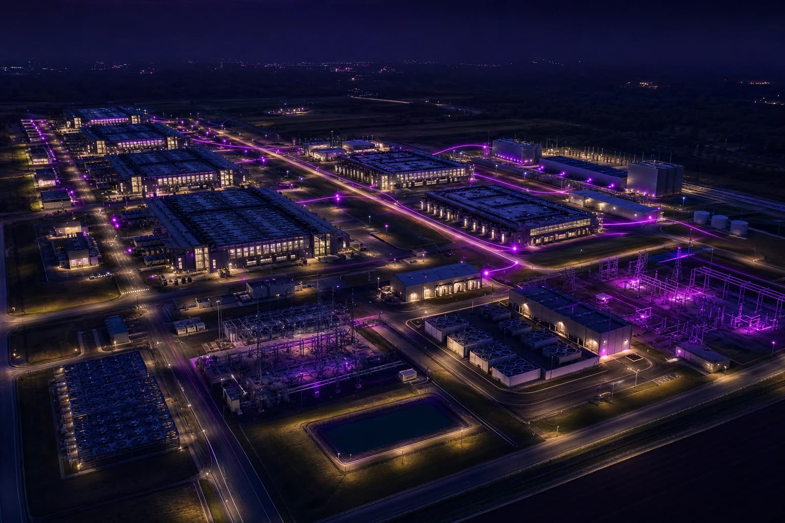 An operational data center campus at night with faint magenta threads linking the buildings