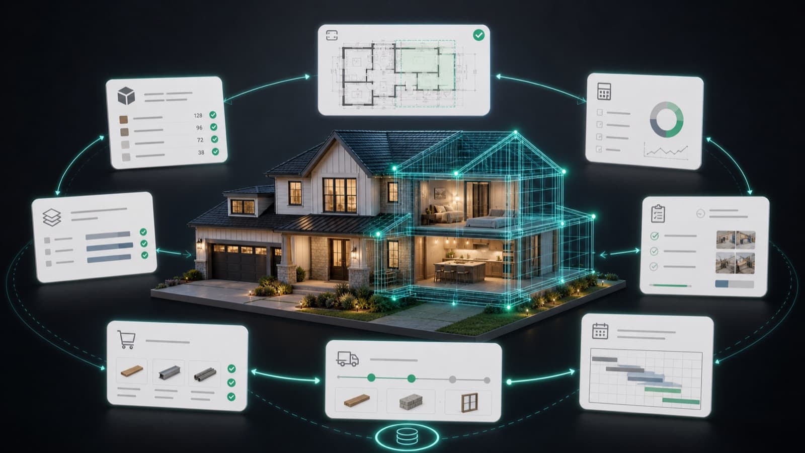 A home surrounded by connected construction workflows: plans, takeoffs, schedules, materials, and invoices