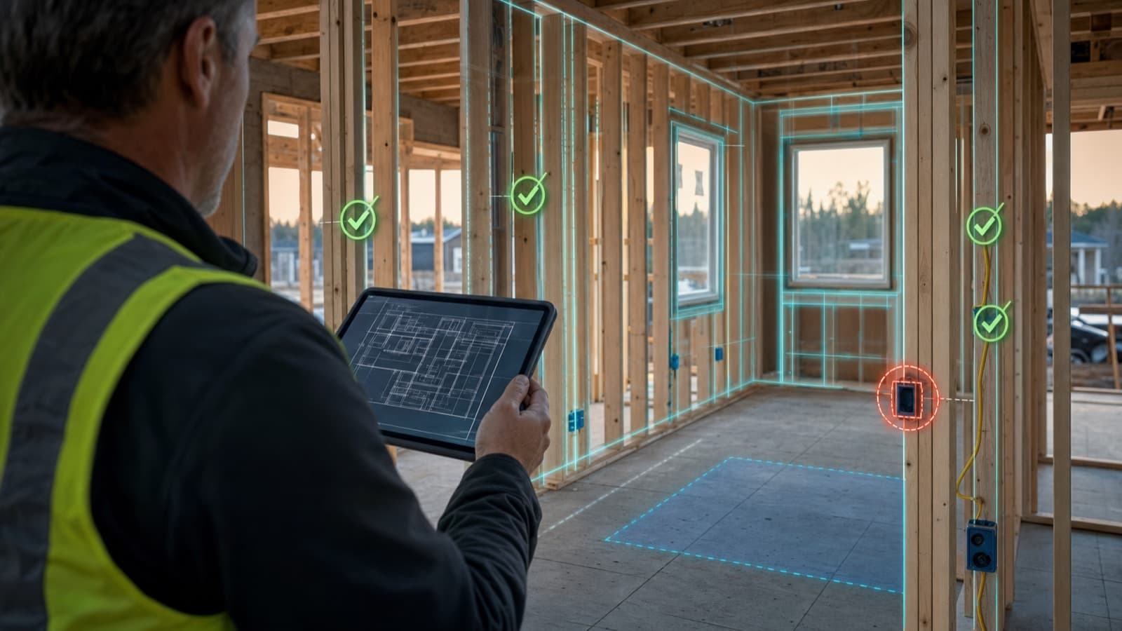 A superintendent checking framing against the model on a tablet