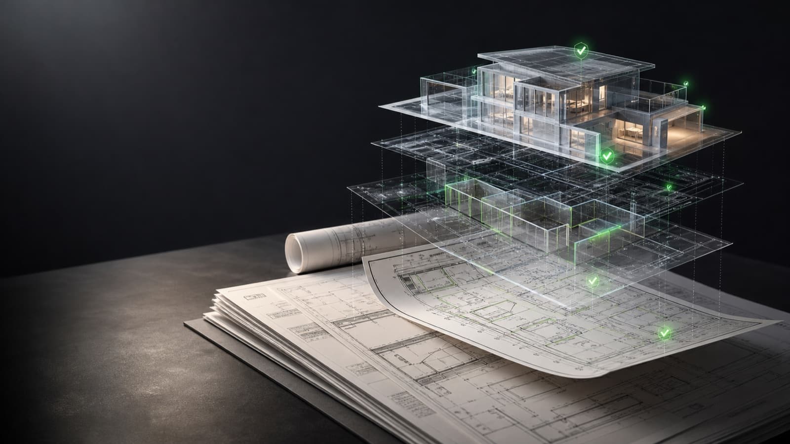 Plans rising into a checked digital model
