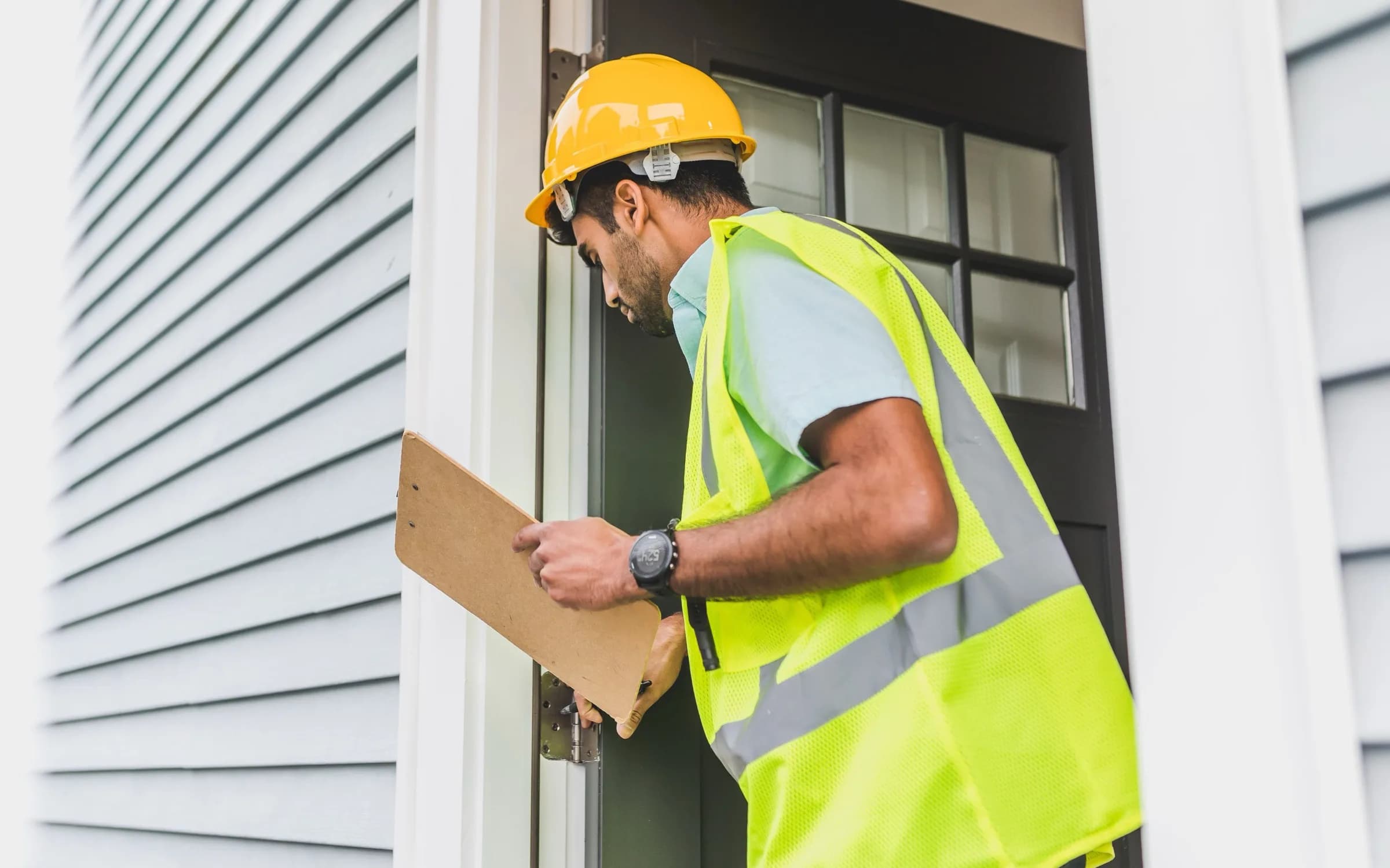 An inspector in a hard hat documenting the exterior condition of a vinyl-sided building with a clipboard