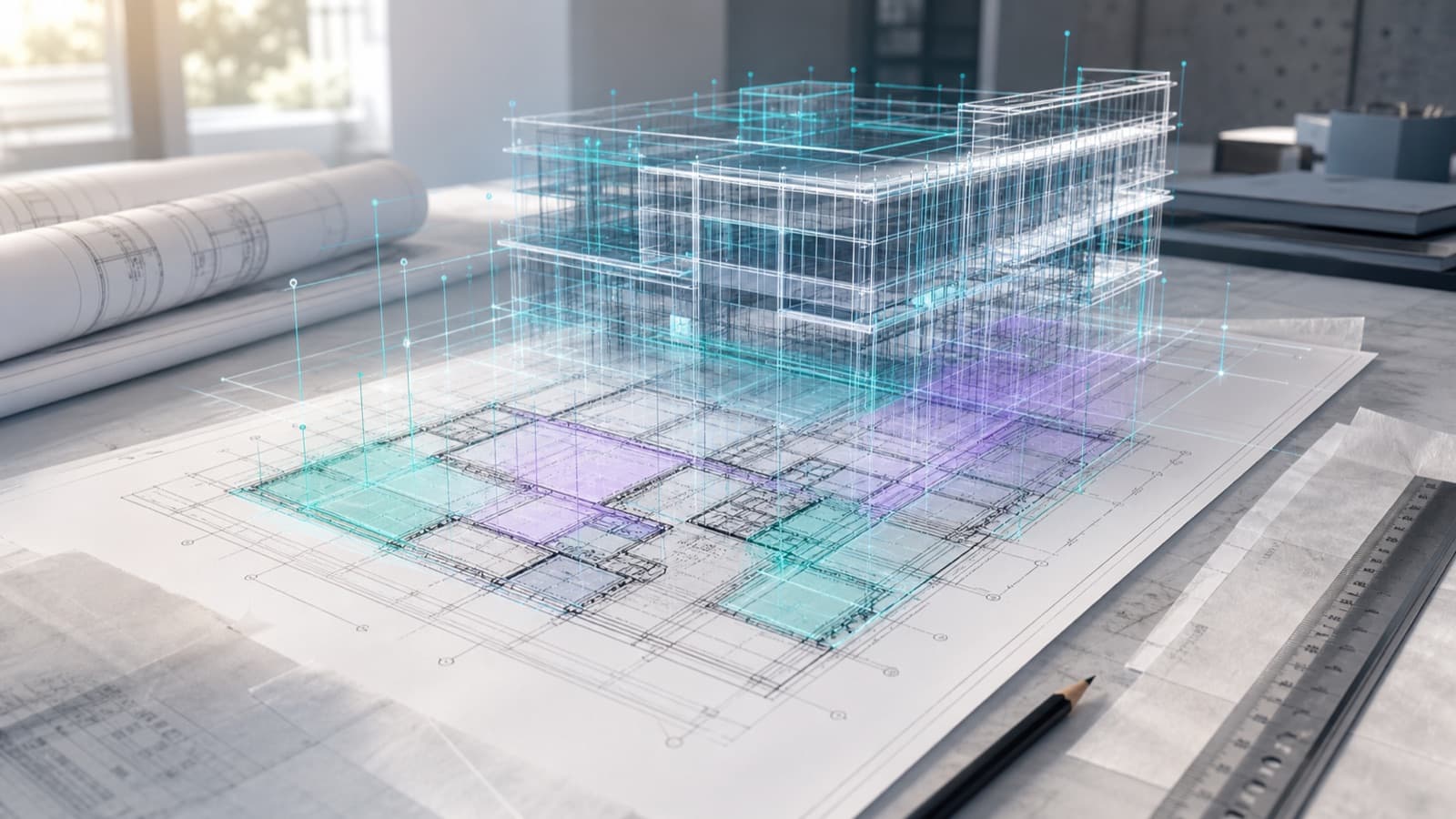A blueprint rising into a full building model
