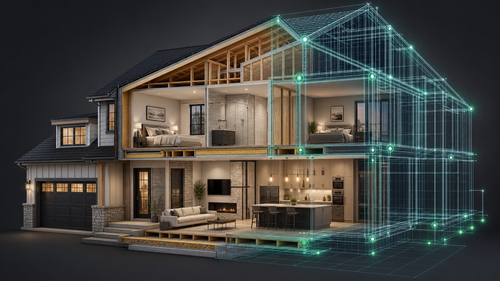 A home cutaway with cost data layered over it