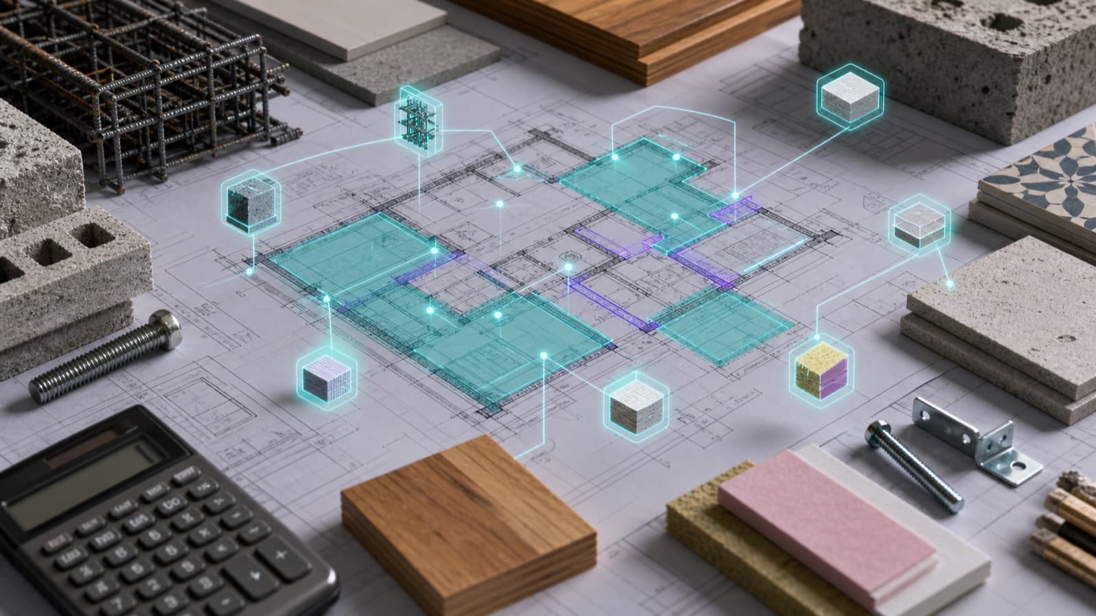 Material samples and quantities linked to a construction plan