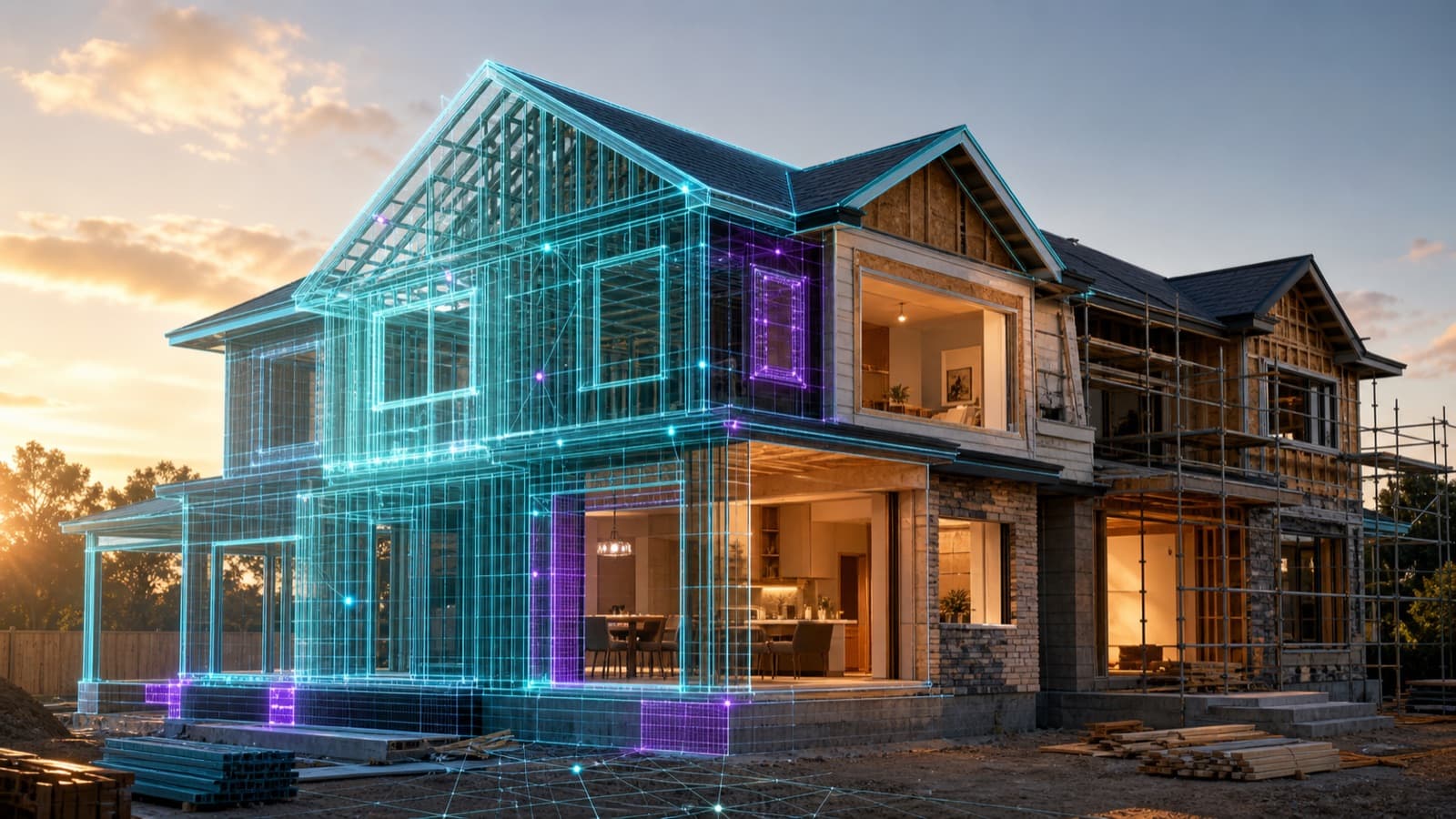A home mid-build, half real and half digital model, at sunset