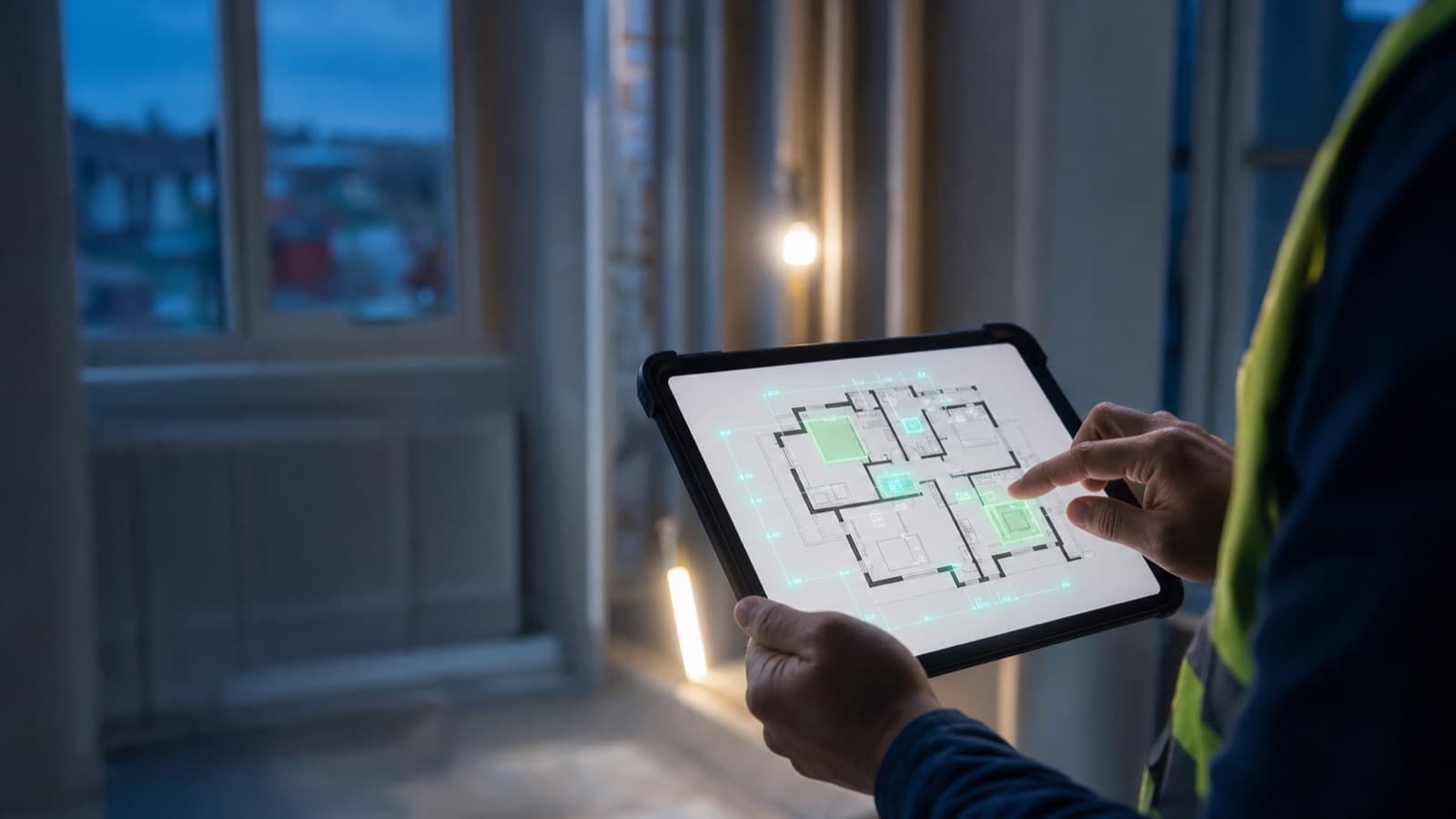 A plumbing estimator measuring pipe runs on a waste and vent plan