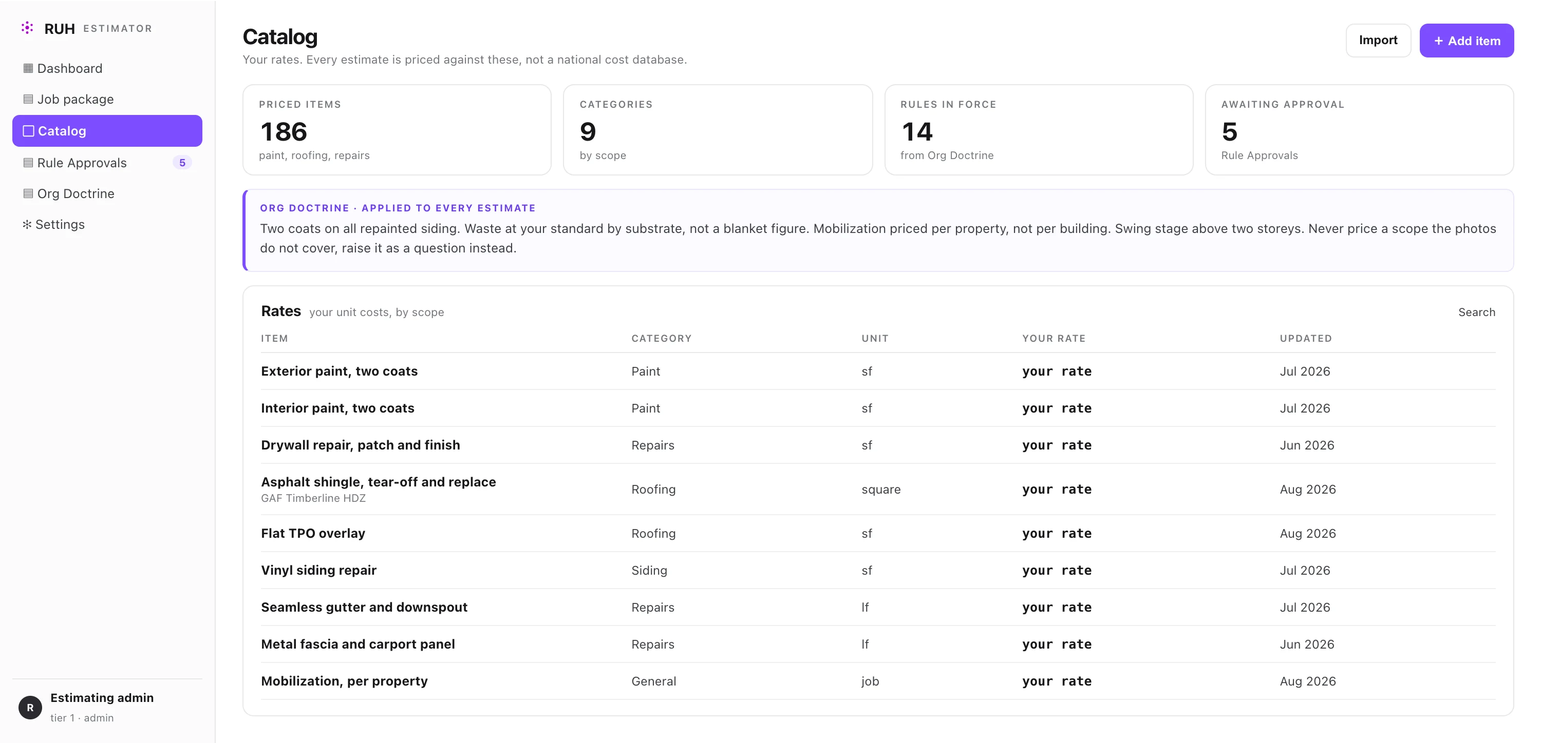 The catalog of your own unit rates by scope, with the org doctrine applied to every estimate