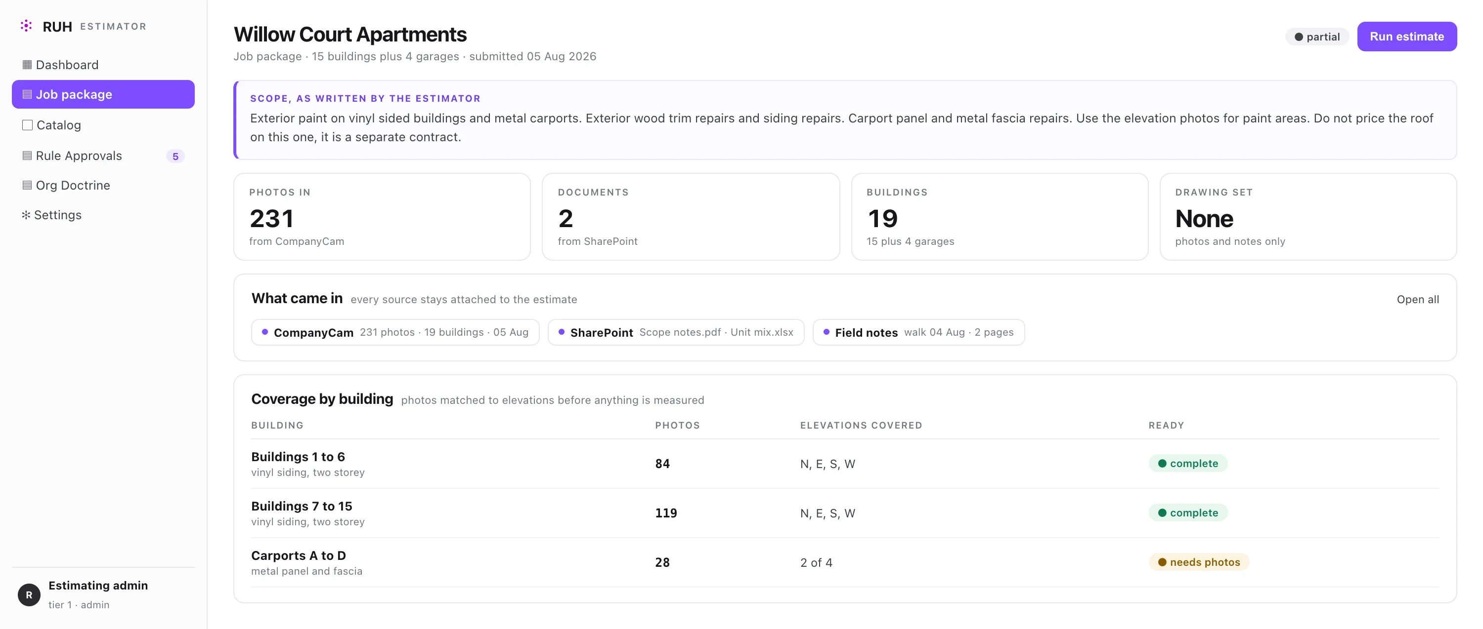 A job package: photos from CompanyCam, documents from SharePoint, and the scope written in plain English