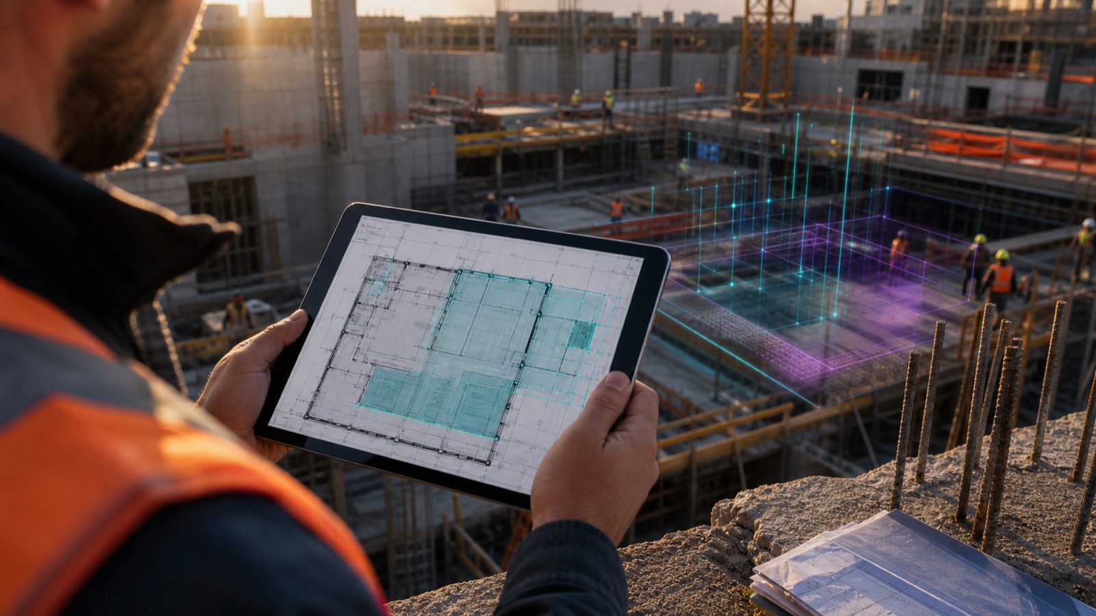 Estimator working from photos and site notes on a tablet during a property walk